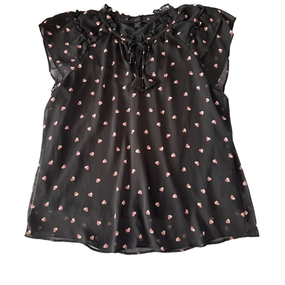 Haver London Heart Print Blouse XL Black Pink Flutter Sleeve Romantic Coquette